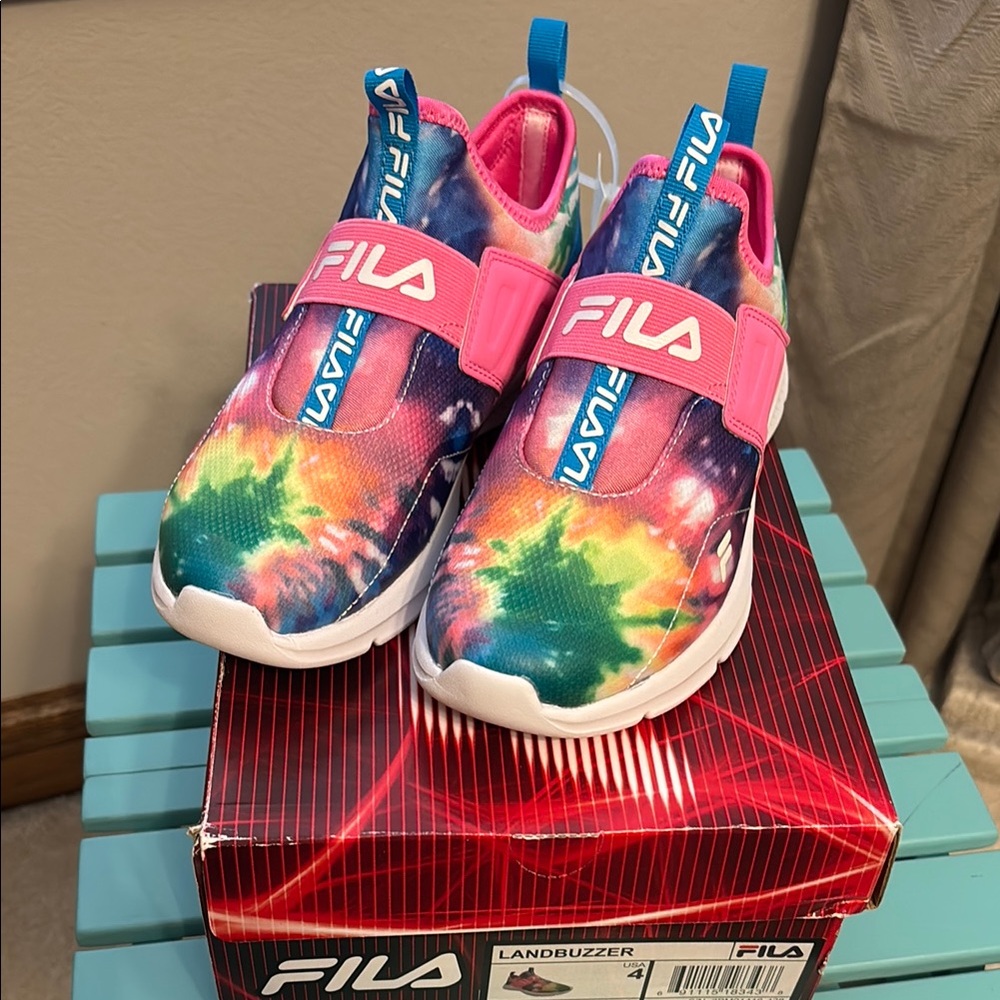Fila Kids' Landbuzzer Colorful Tie-Dye Sneakers with Pink Strap Slip-On